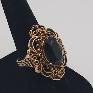 Florenza Oval Black Glass Adjustable Ring Ornate Filigree Gold Tone Gothic Vtg